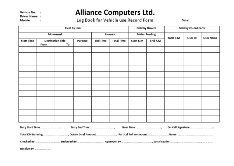 Alliance Computers LTD.: Log Book For Vehicle Use Record Form | PDF ...