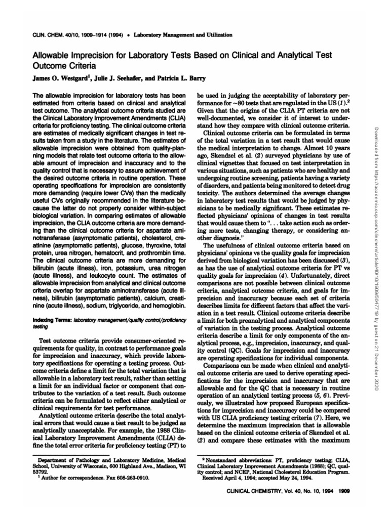 Allowable Imprecisionfor Laboratory Tests Based On Clinical and ...