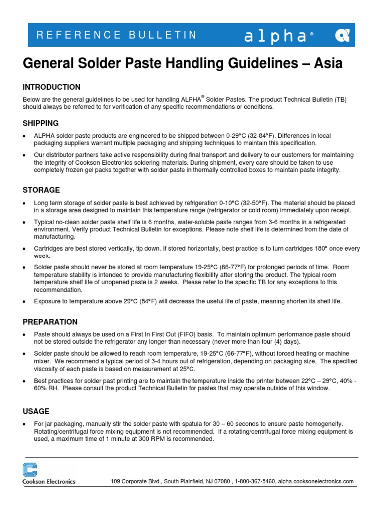 General Solder Paste Handling Guidelines Asia Reference Bulletin