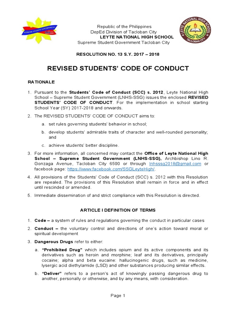 Revised Student Code of Conduct 2017-2018 | PDF | Identity Document ...
