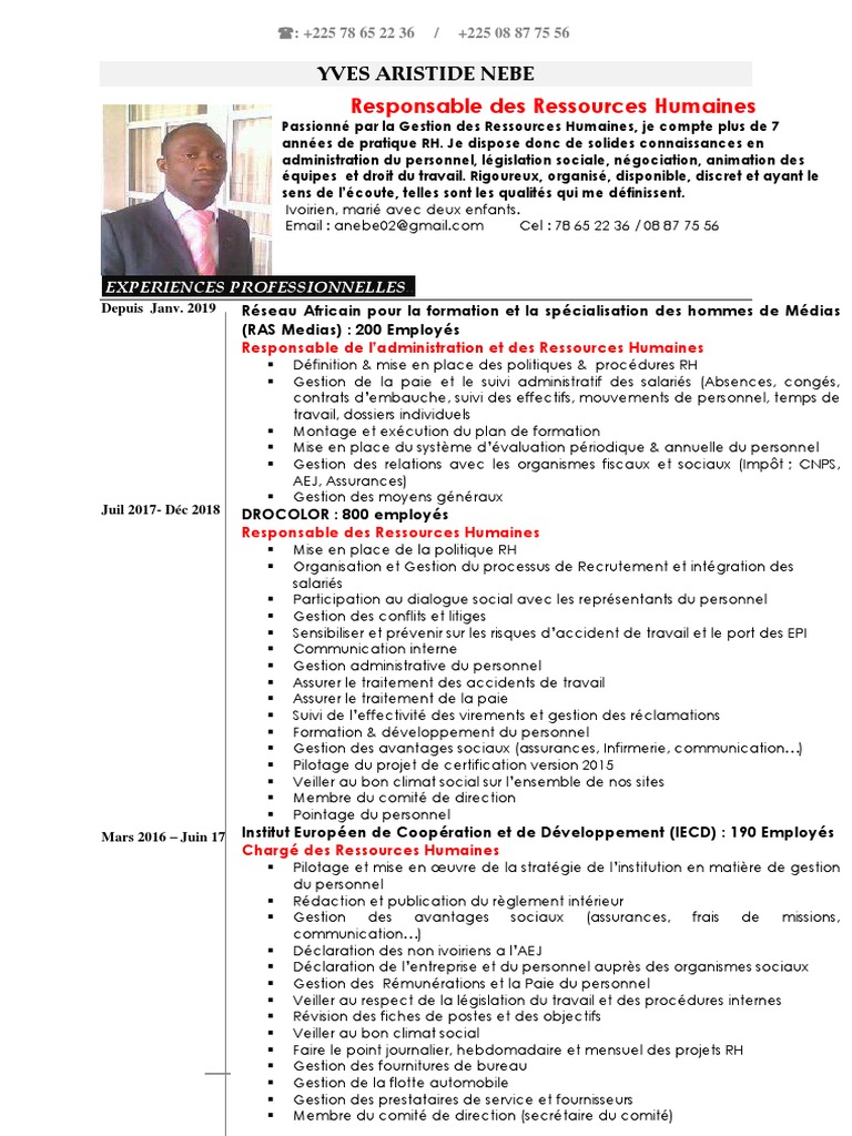 Cv Aristide Nebe Responsable Rh Pdf Gestion Des Ressources Humaines Recrutement