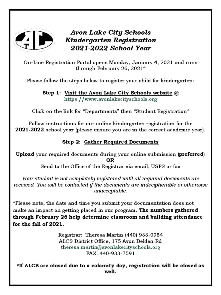 Avon Lake Kindergarten Registration Info PDF