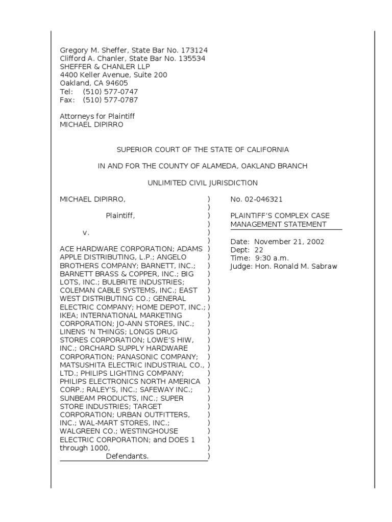 Case Management Conference Statement PDF Pleading Settlement (Litigation)