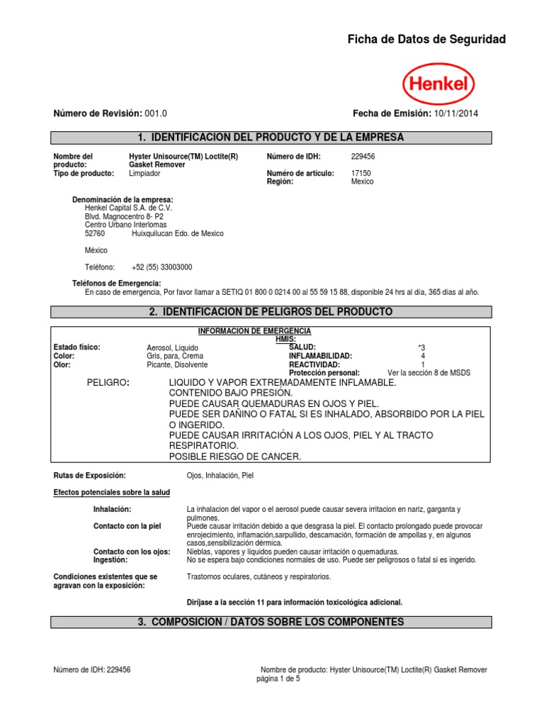 MSDS Loctite 79040 Gasket Remover PDF Combustión Solubilidad