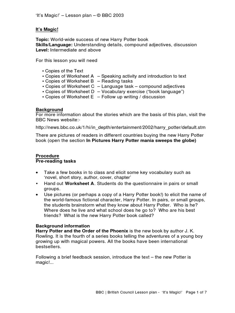 BBC British Council Lesson Plan It's Magic!' Page 1 of 7 PDF