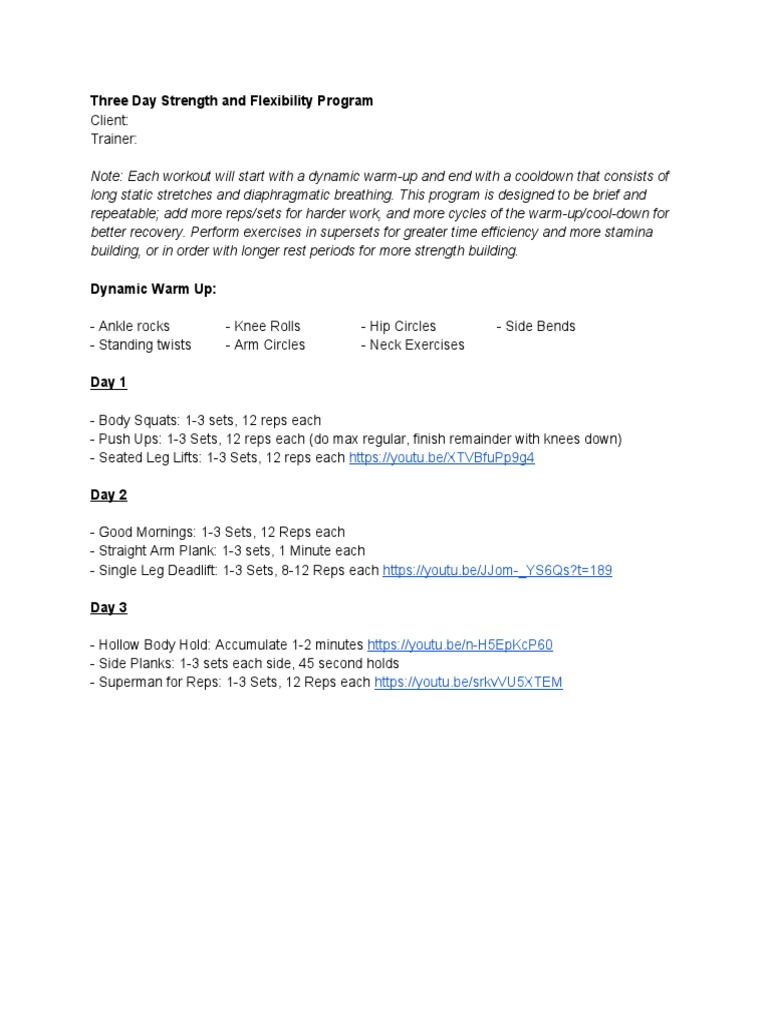 Three Day Strength & Flexibility Plan | PDF | Wellness