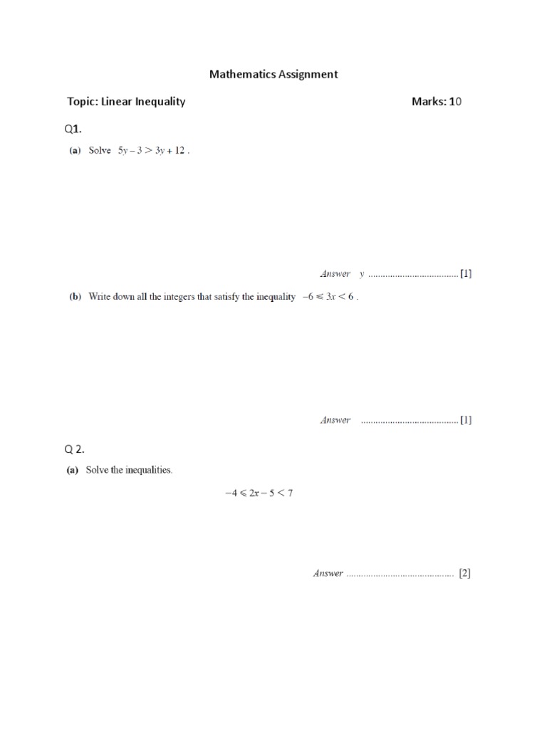 Mathematics Assignment Topic: Linear Inequality Marks: 10 Q1 | PDF