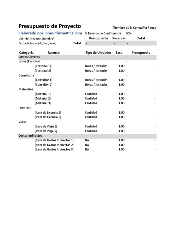 Ejemplo de Presupuesto de Proyecto | PDF | Presupuesto | Microsoft Excel