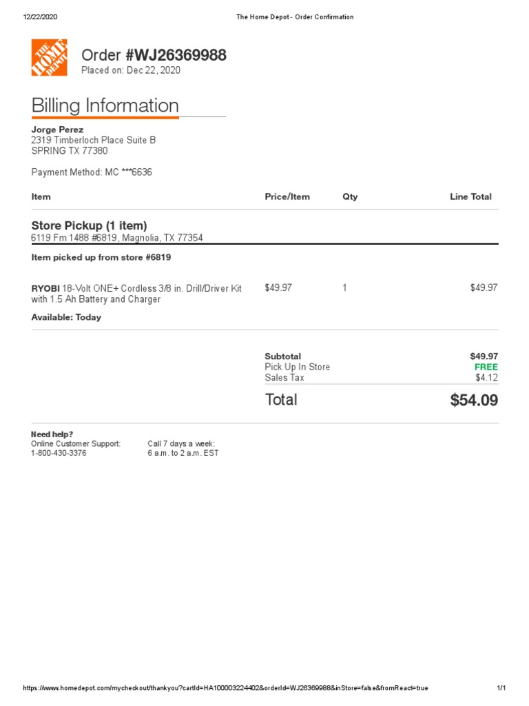 The Home Depot Order Confirmation PDF PDF