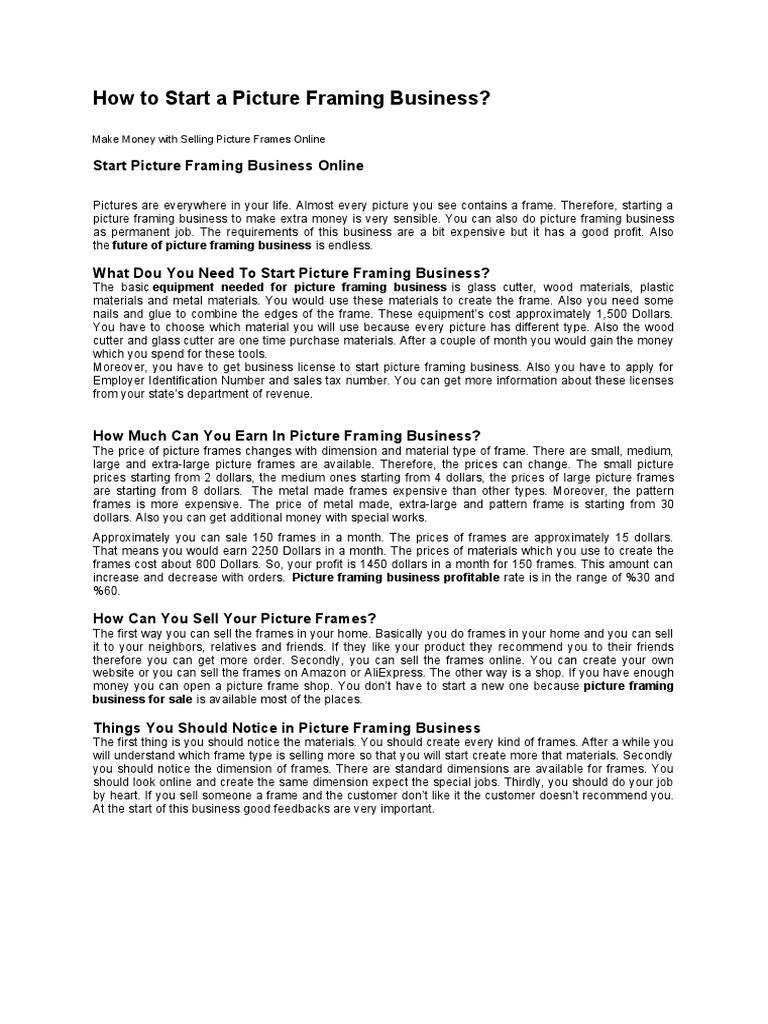 How to Start a Profitable Picture Framing Business PDF Prices Money