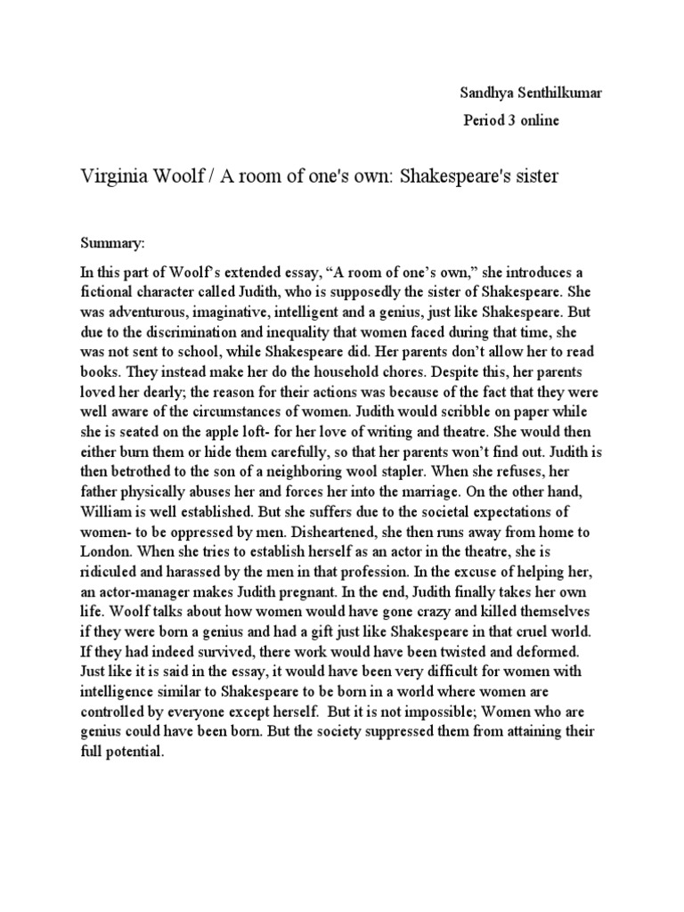 Woolf A Room Of Ones Own Summary