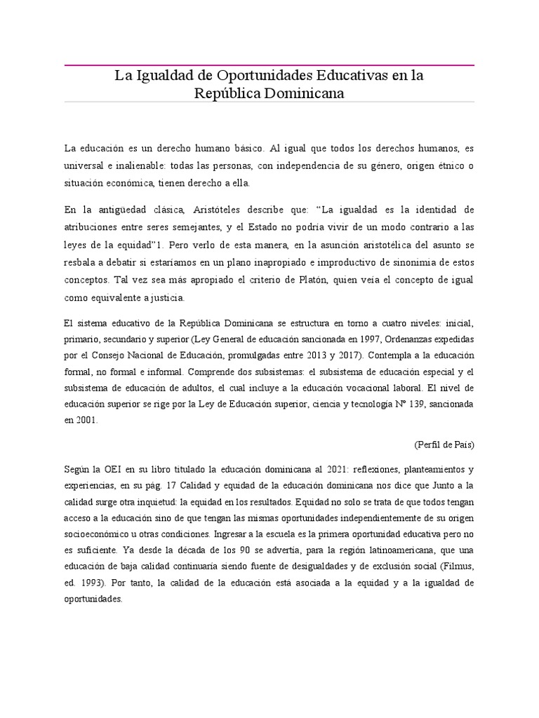Igualdad de Oportunidades Educativas RD | PDF | Desigualdad social ...