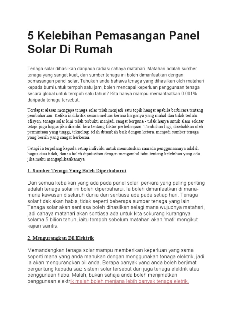 5 Kelebihan Pemasangan Panel Solar Di Rumah Pdf