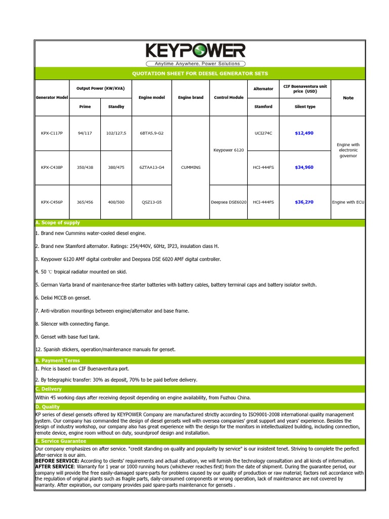 Diesel Generator Quotation Details | PDF | Electric Power ...