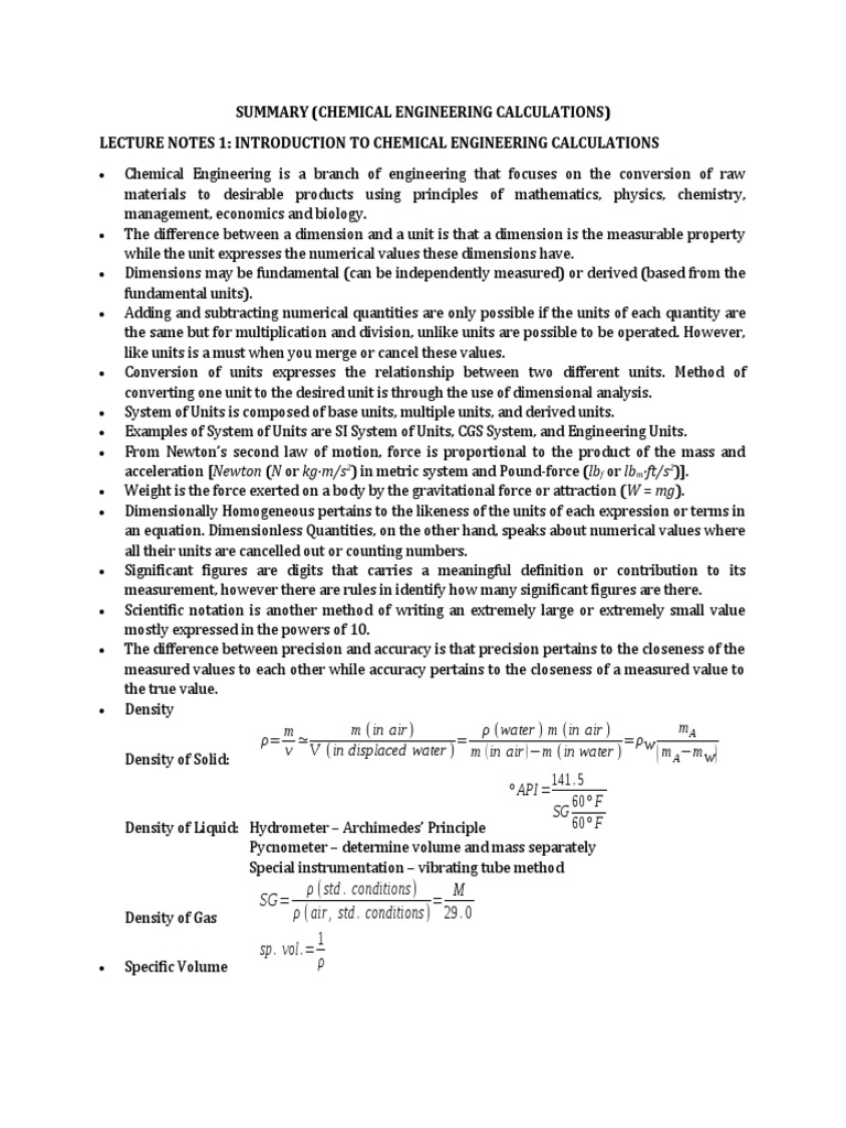 Summary (Chemical Engineering Calculations) Lecture Notes 1