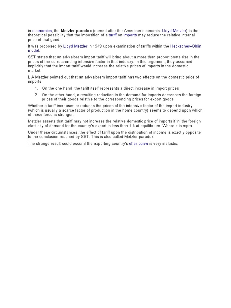 Economics Lloyd Metzler Tariff Imports Lloyd Metzler HeckscherOhlin