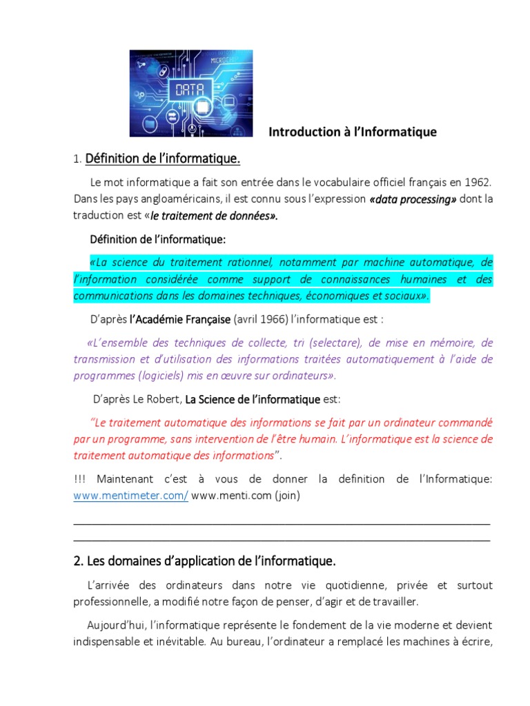 Introduction à l'Informatique et ses Domaines | PDF | Informatique ...