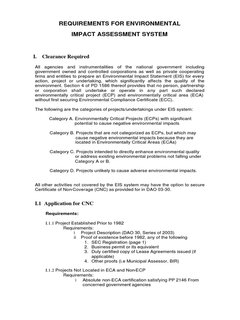 Requirements For Environmental Impact Assessment System: I. Clearance ...