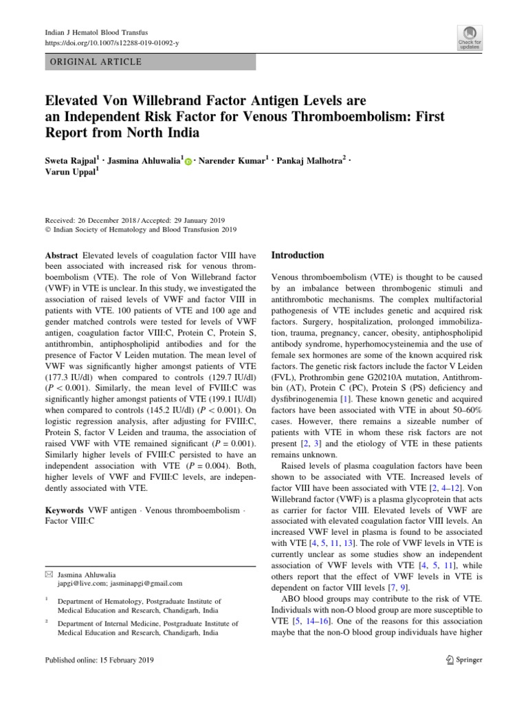 Elevated Von Willebrand Factor Antigen Levels Are An Independent Risk ...