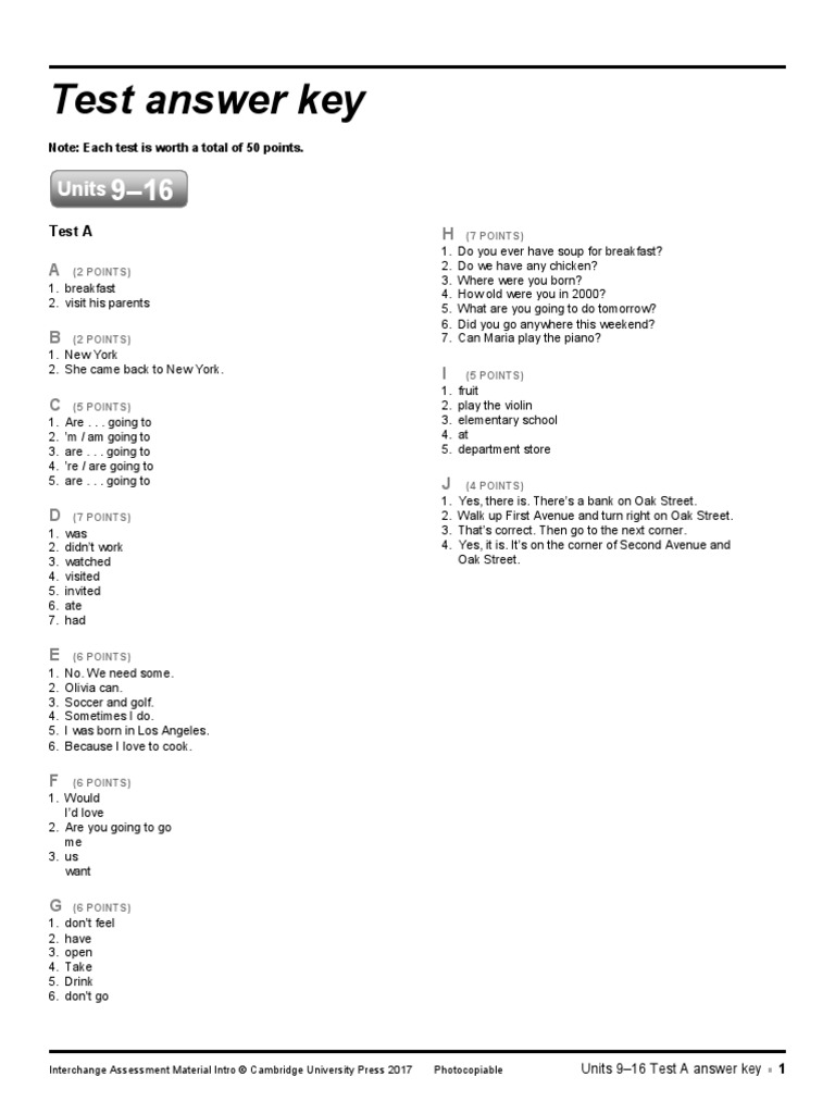 Test Answer Key: Units | PDF