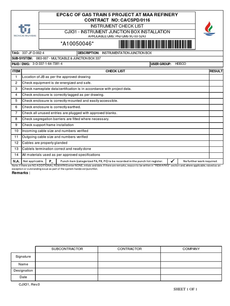 Instrumentation Junction Box Checklist | PDF | Computing | Business