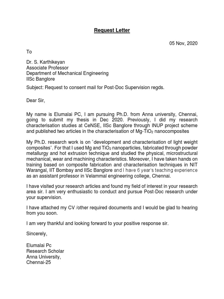 Post-Doc Supervision Request to Dr. Karthikeyan | PDF