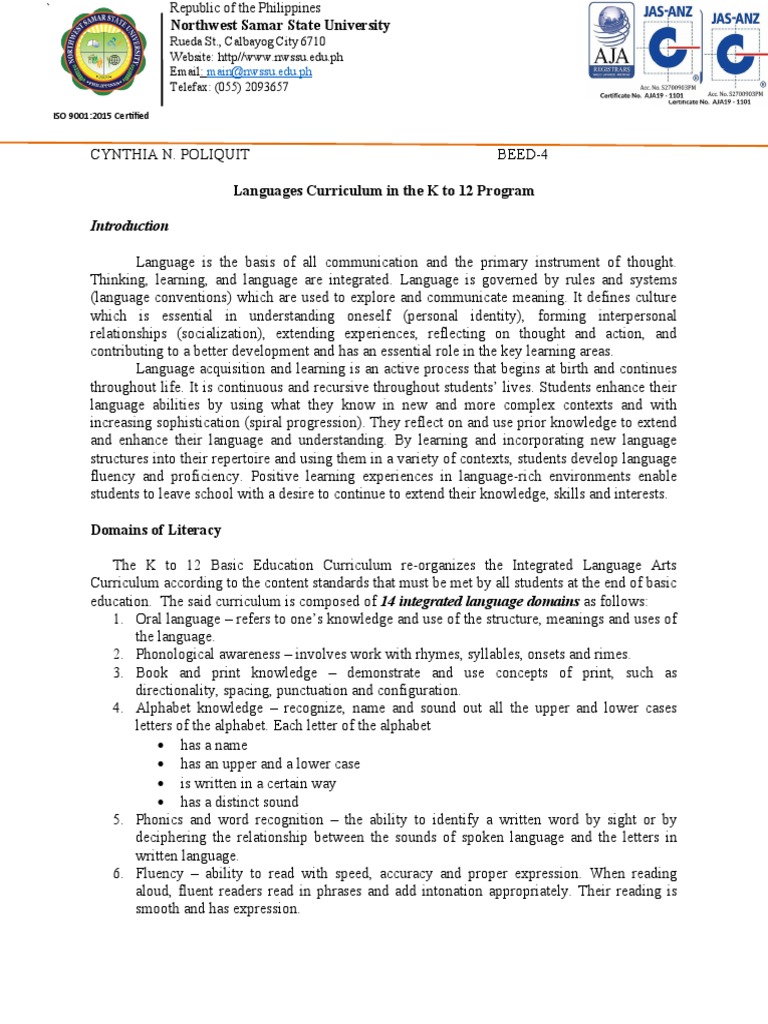 K to 12 Language Curriculum Overview | PDF | Reading Comprehension ...