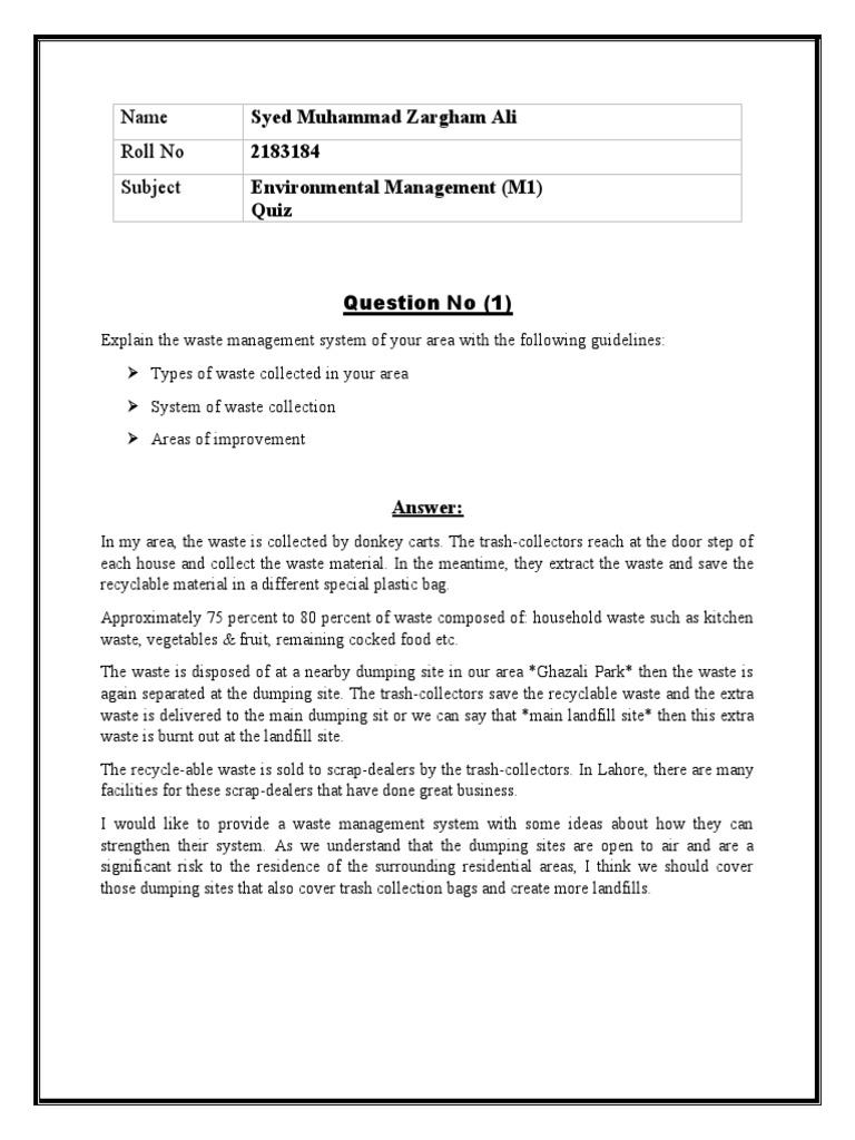 Name Roll No Subject Syed Muhammad Zargham Ali 2183184 Environmental