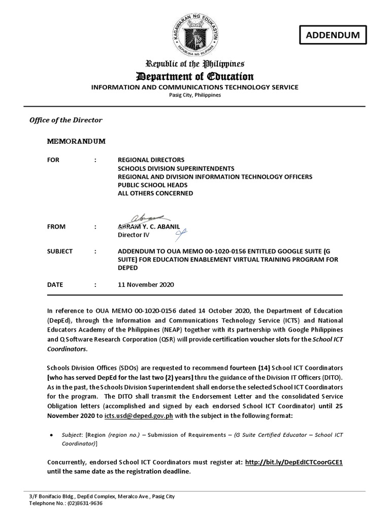 DepEd G Suite Training Program Addendum | PDF | Information And ...