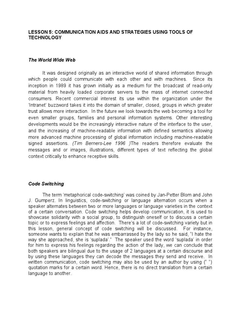 The World Wide  Lesson 5 Communication Aids and Strategies Using