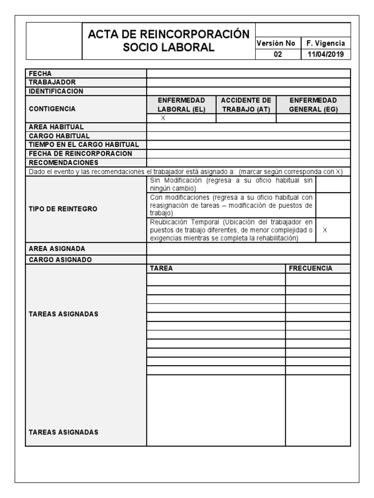 Acta de Reincorporación Laboral | PDF | Medicina | Labor
