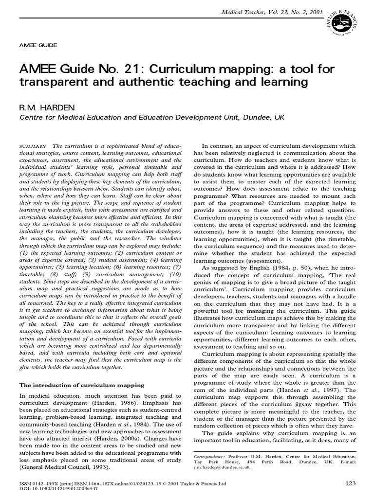 AMEE Guide No. 21: Curriculum Mapping: A Tool For Transparent and ...