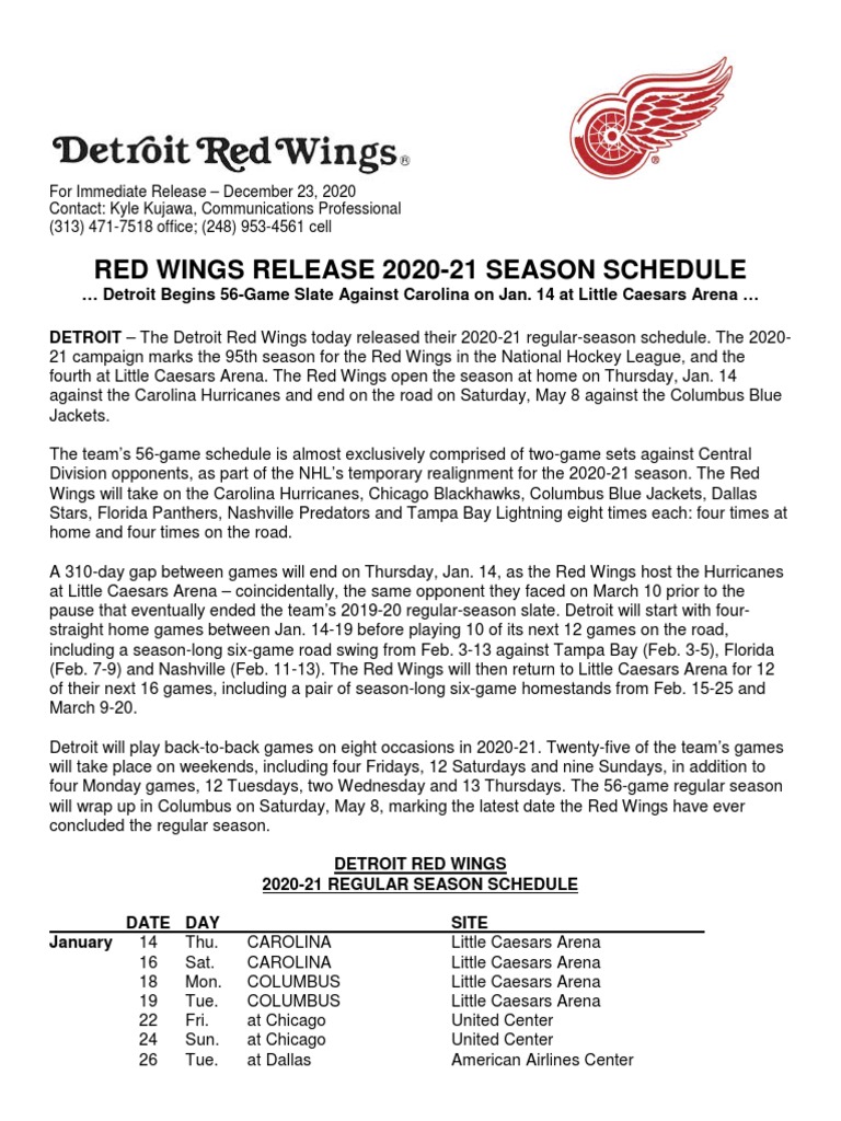 Red Wings release their 2020-21 regular season schedule