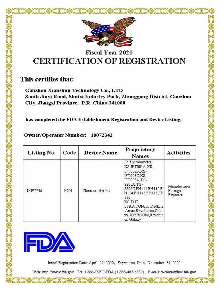 FDA Registration for Thermometer Kit | PDF