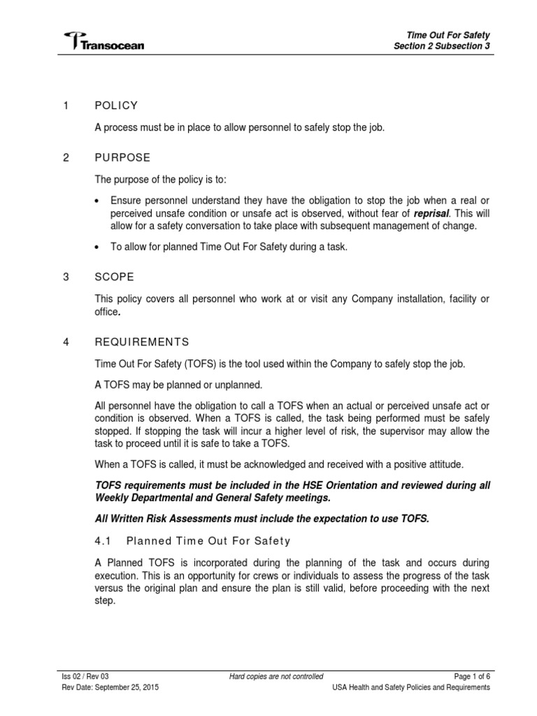 Time Out For Safety Policy Overview | PDF | Hazards | Safety