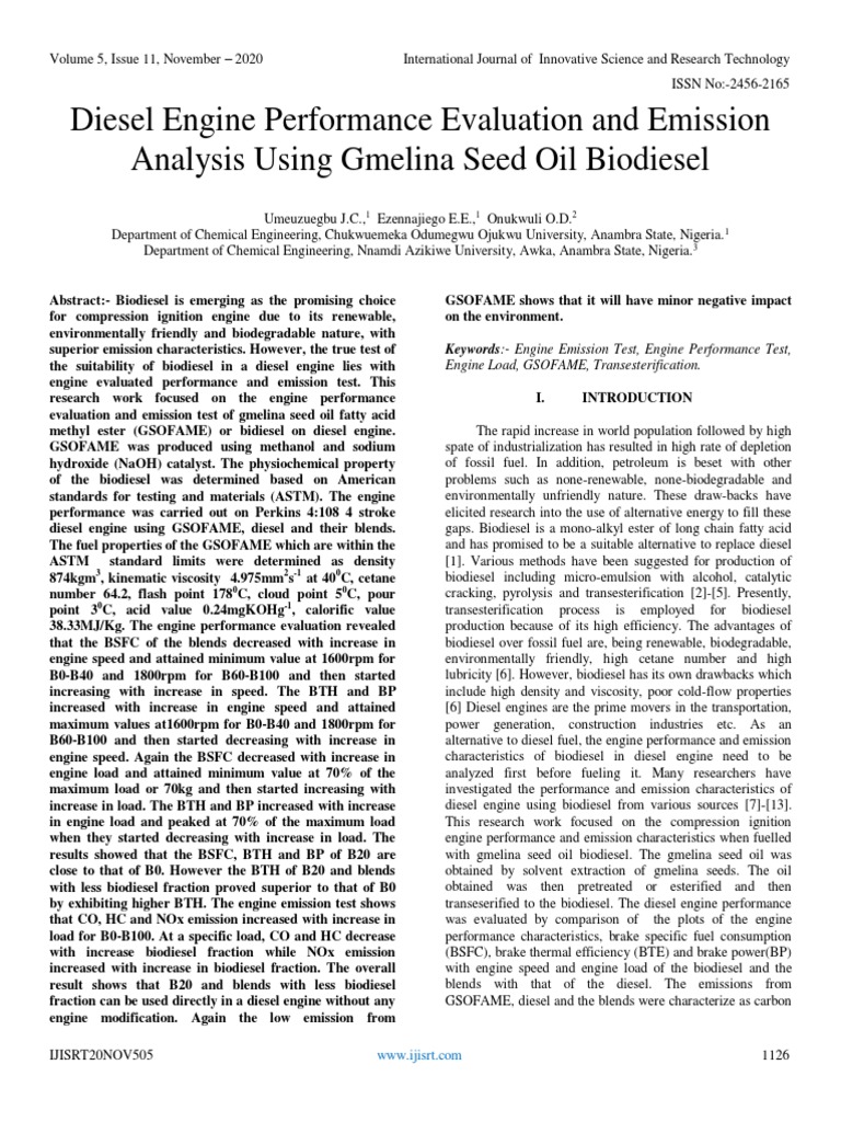 Diesel Engine Performance Evaluation and Emission Analysis Using ...
