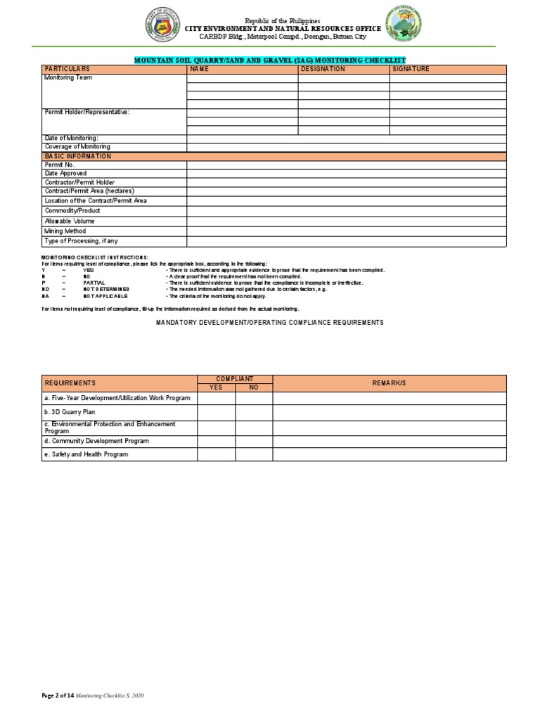Monitoring Checklist Edited | PDF | Mining | Regulatory Compliance