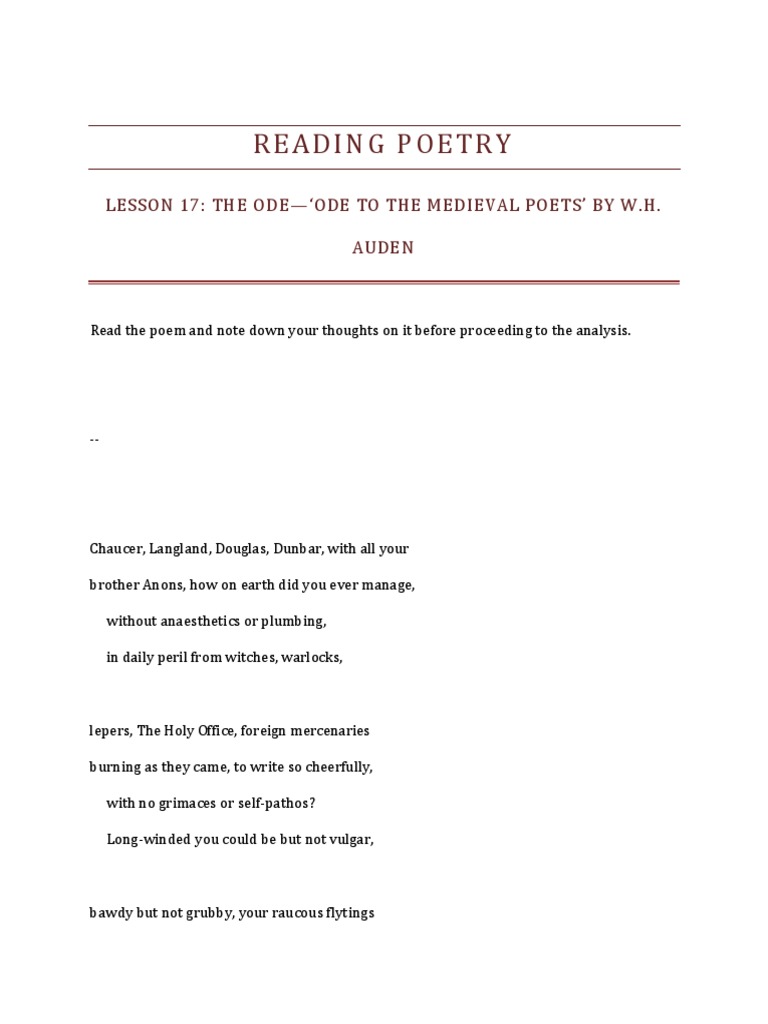 Ode to Medieval Poets Analysis PDF Poetry