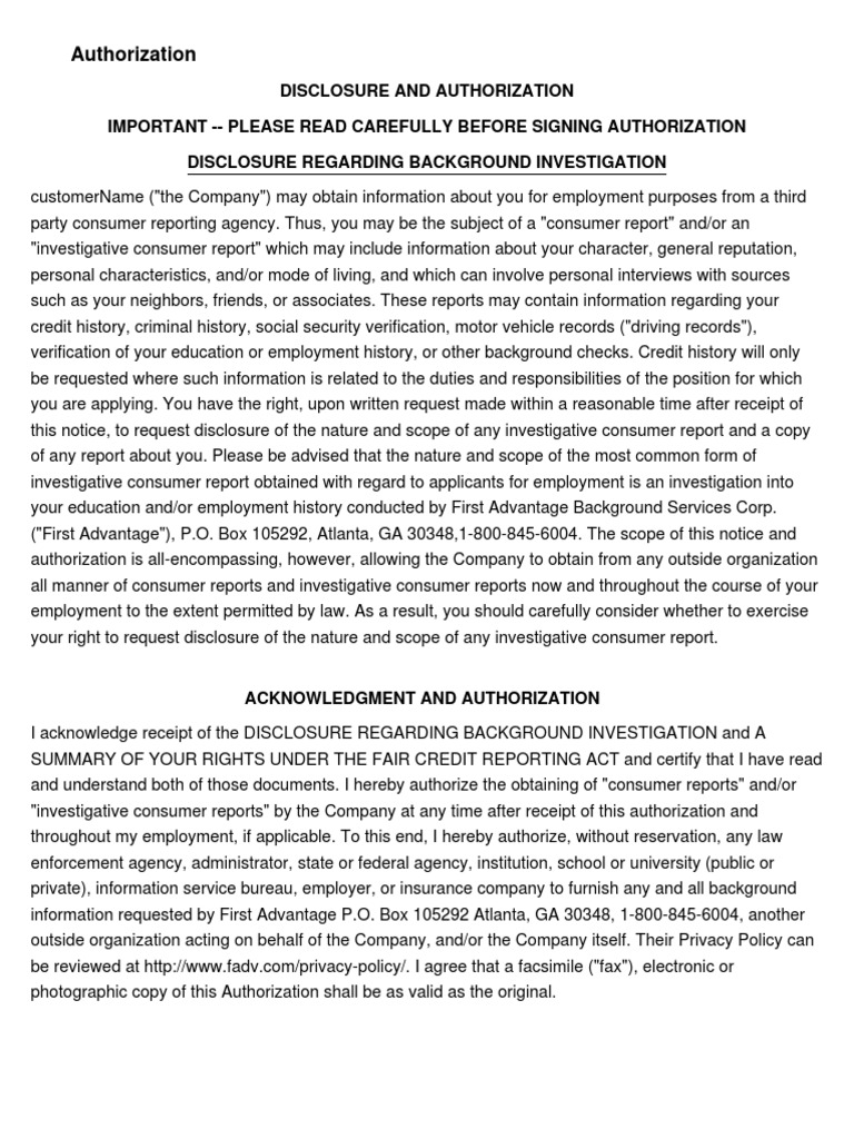 Background Check Authorization Form | PDF | Background Check | Privacy