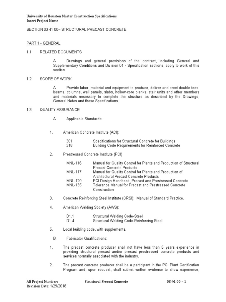 Structural Precast Concrete Specifications | PDF | Prestressed Concrete ...