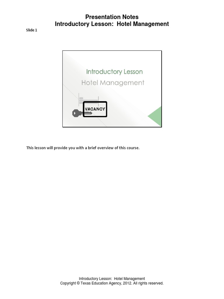 Presentation Notes Introductory Lesson: Hotel Management: Slide 1 | PDF ...