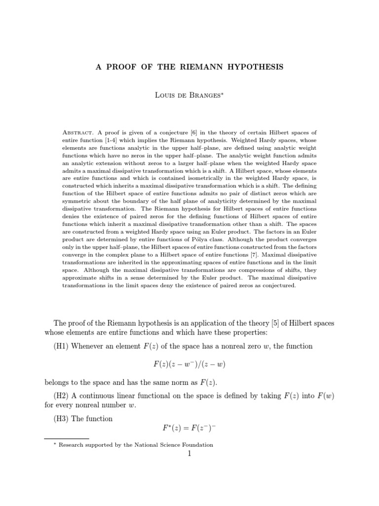 A Proof of The Riemann Hypothesis PDF | PDF | Hilbert Space | Function ...