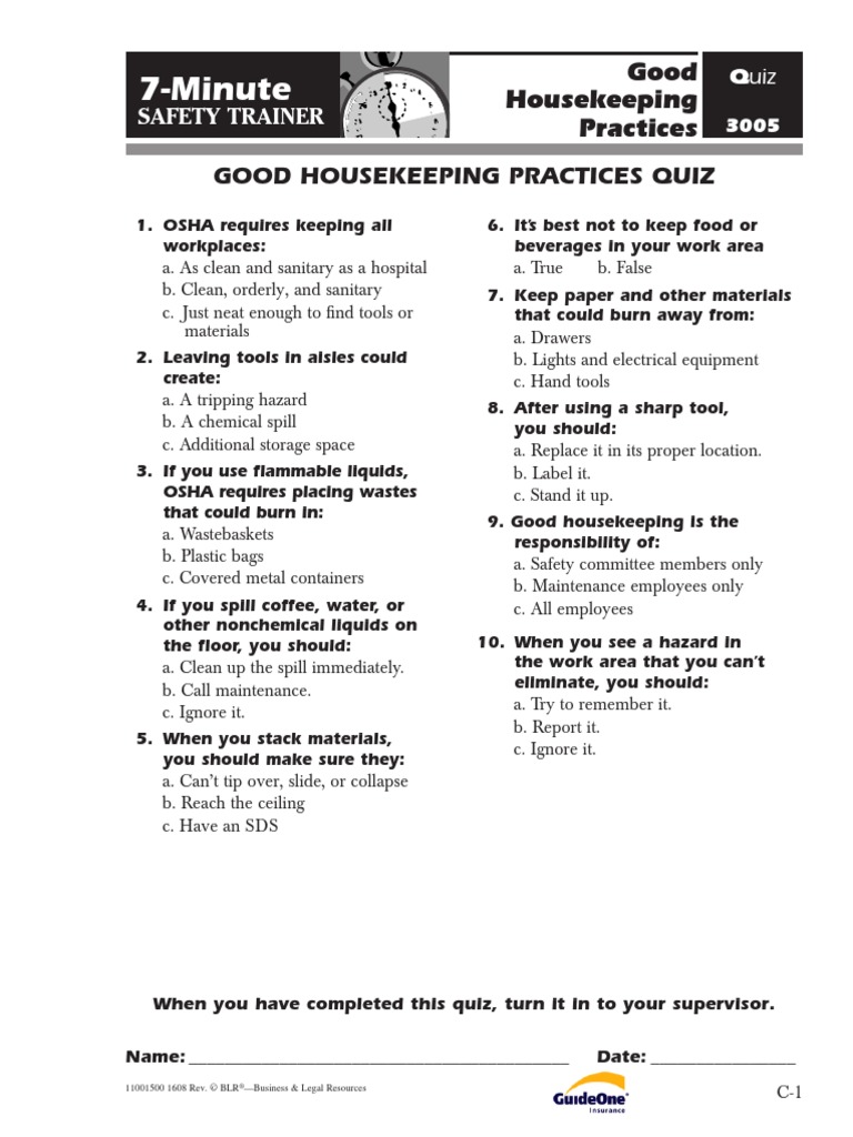 Good Housekeeping Practices Quiz PDF Housekeeping Occupational