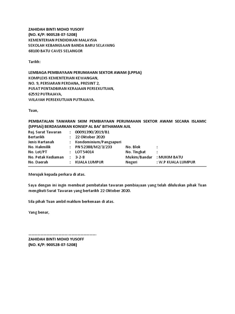 Surat Pembatalan Pinjaman Lppsa