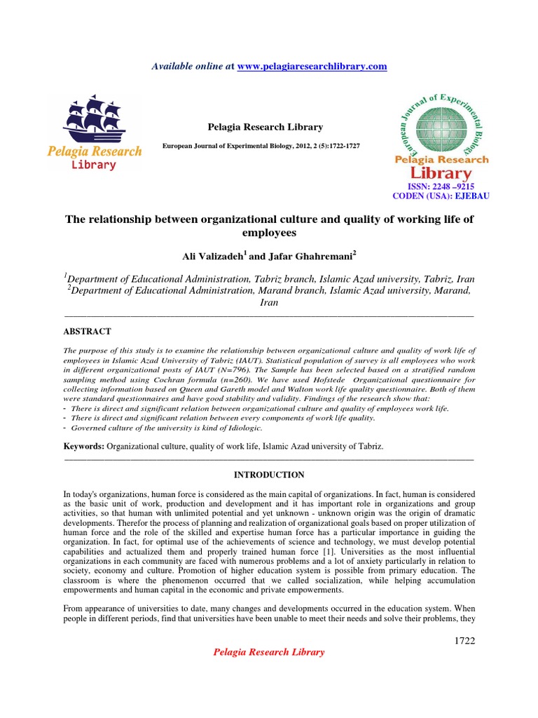The Relationship Between Organizational Culture and Quality of Working ...