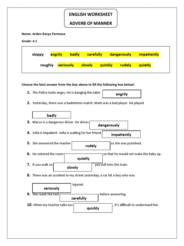 Adverbs of Manner English Worksheet | PDF