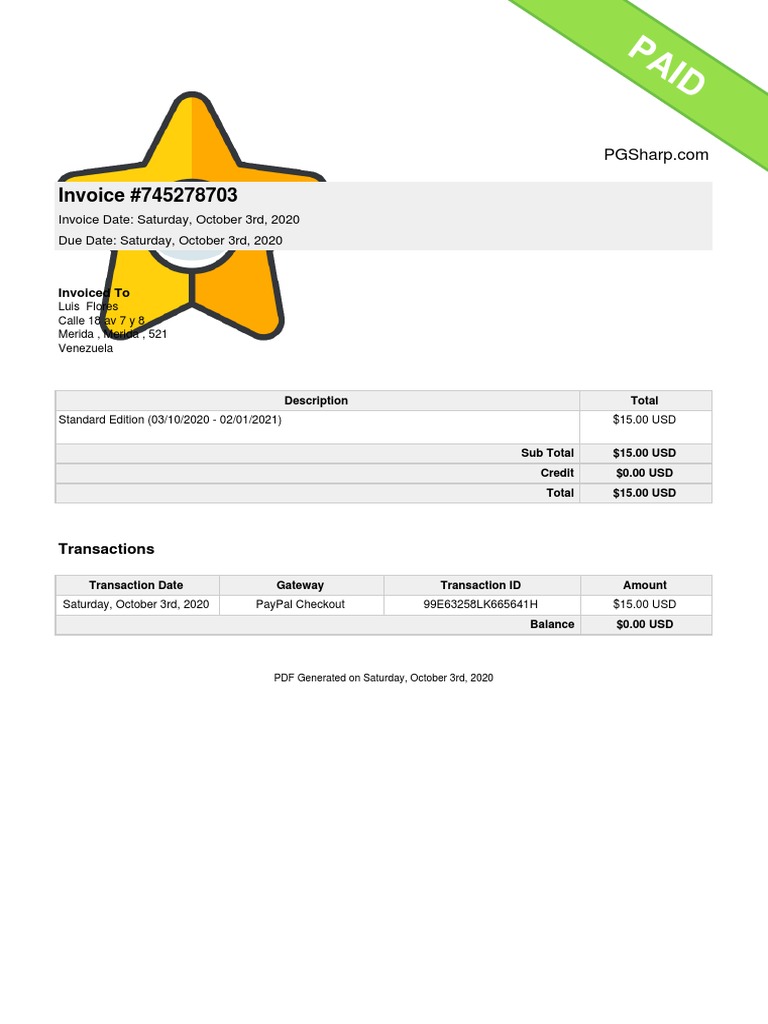 Invoice #745278703 for PGSharp Standard Edition | PDF