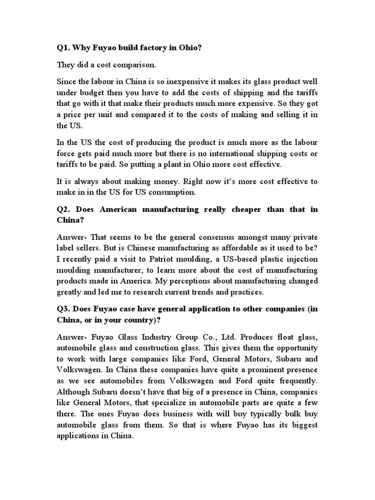 Q1. Why Fuyao Build Factory in Ohio? PDF General Motors Economies