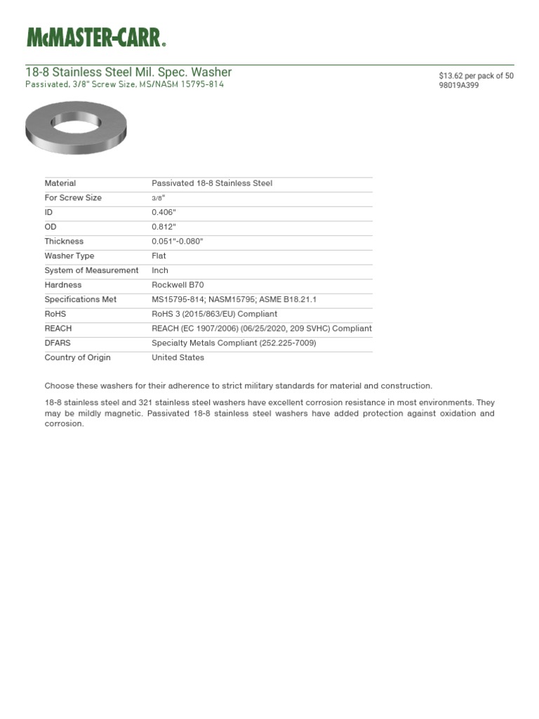 188 Stainless Steel Mil. Spec. Washer, Passivated, 3_8_ Screw Size, MS