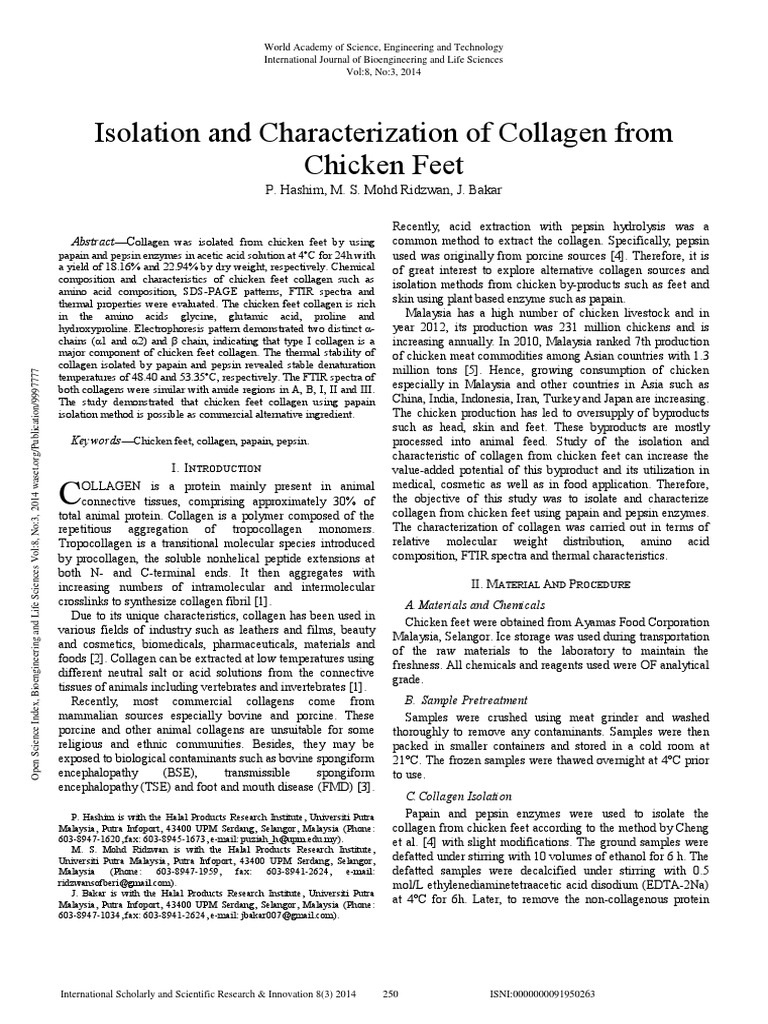 Isolation and Characterization of Collagen From Chicken Feet | PDF ...